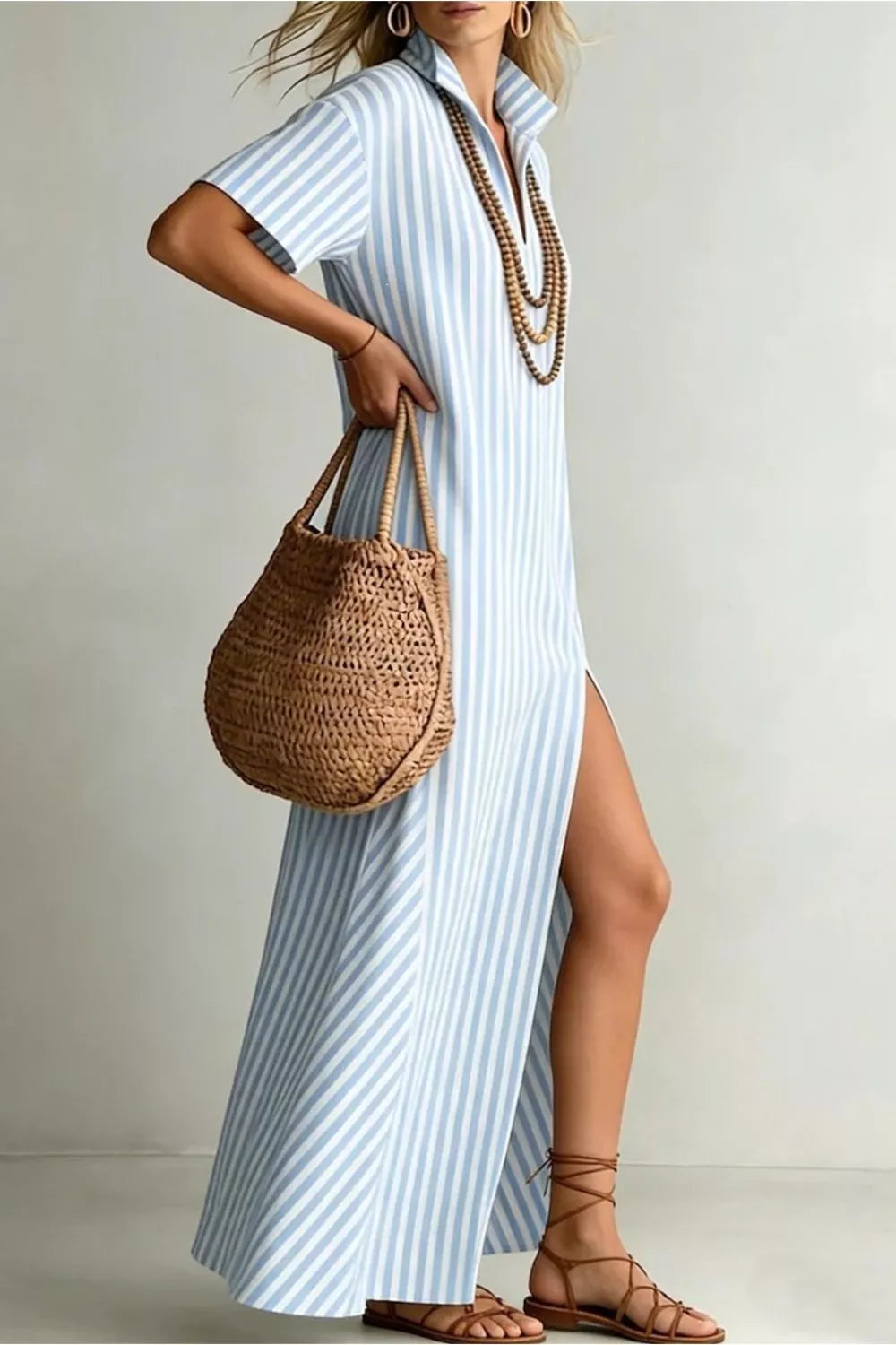 Light blue striped V-neck maxi dress with short sleeves and a high slit, worn with a straw bag.