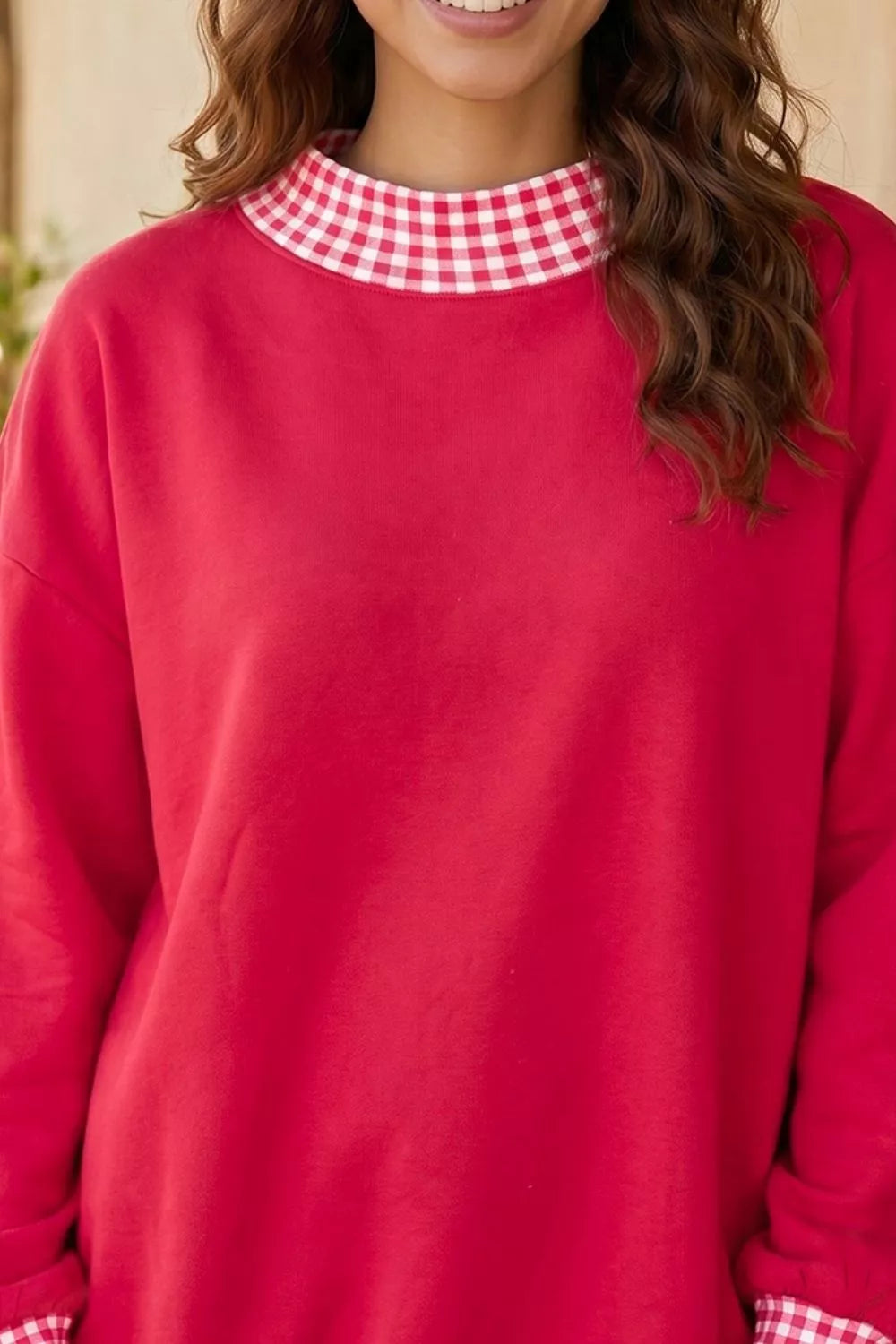 Colorblock Polka Dot Contrast Trim Oversized Sweatshirt in Scarlet, side view