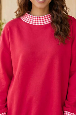 Colorblock Polka Dot Contrast Trim Oversized Sweatshirt in Scarlet, side view