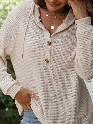 Waffle Knit Hooded Top With Drawstring in Beige, side view