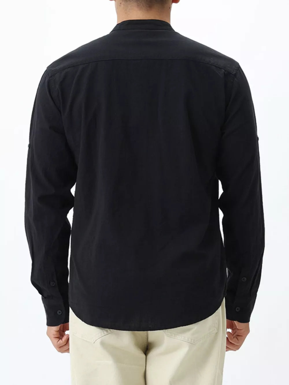 Men's black 100% cotton mandarin collar shirt, long sleeves, button-down style.