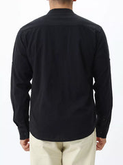 Men's black 100% cotton mandarin collar shirt, long sleeves, button-down style.
