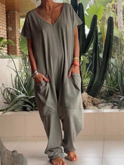Loose Fit V-neck Short Sleeve Wide Leg Jumpsuit in Floral Gray, model styling view