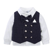 Baby boys' dark navy pinstripe vest set with white shirt and bow tie