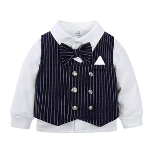 Baby boys' dark navy pinstripe vest set with white shirt and bow tie