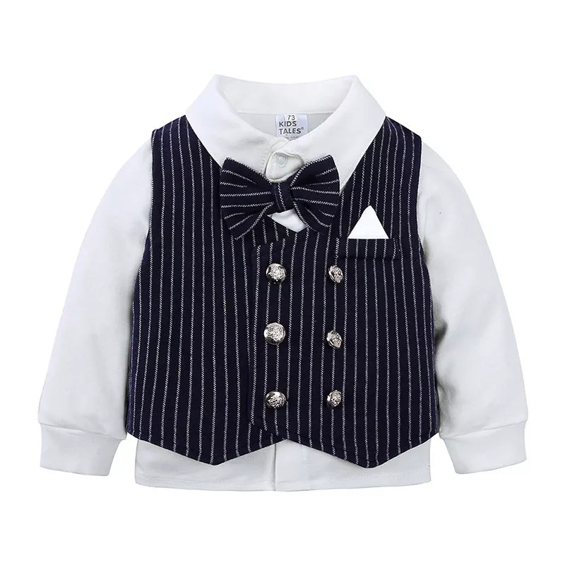 Baby boys' dark navy pinstripe vest set with white shirt and bow tie
