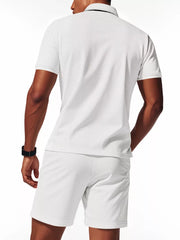 Men's white waffle knit polo shirt and jogger shorts set.