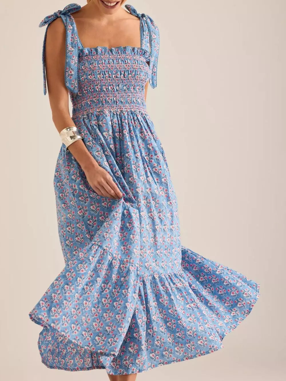 Sky blue floral midi dress with smocked bodice and tie shoulders