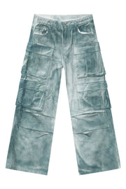 Bleached denim utility trousers in medium with multiple cargo pockets and a relaxed fit.