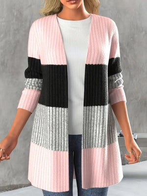 Monochrome block ribbed cardigan in pink, black, and grey stripes.