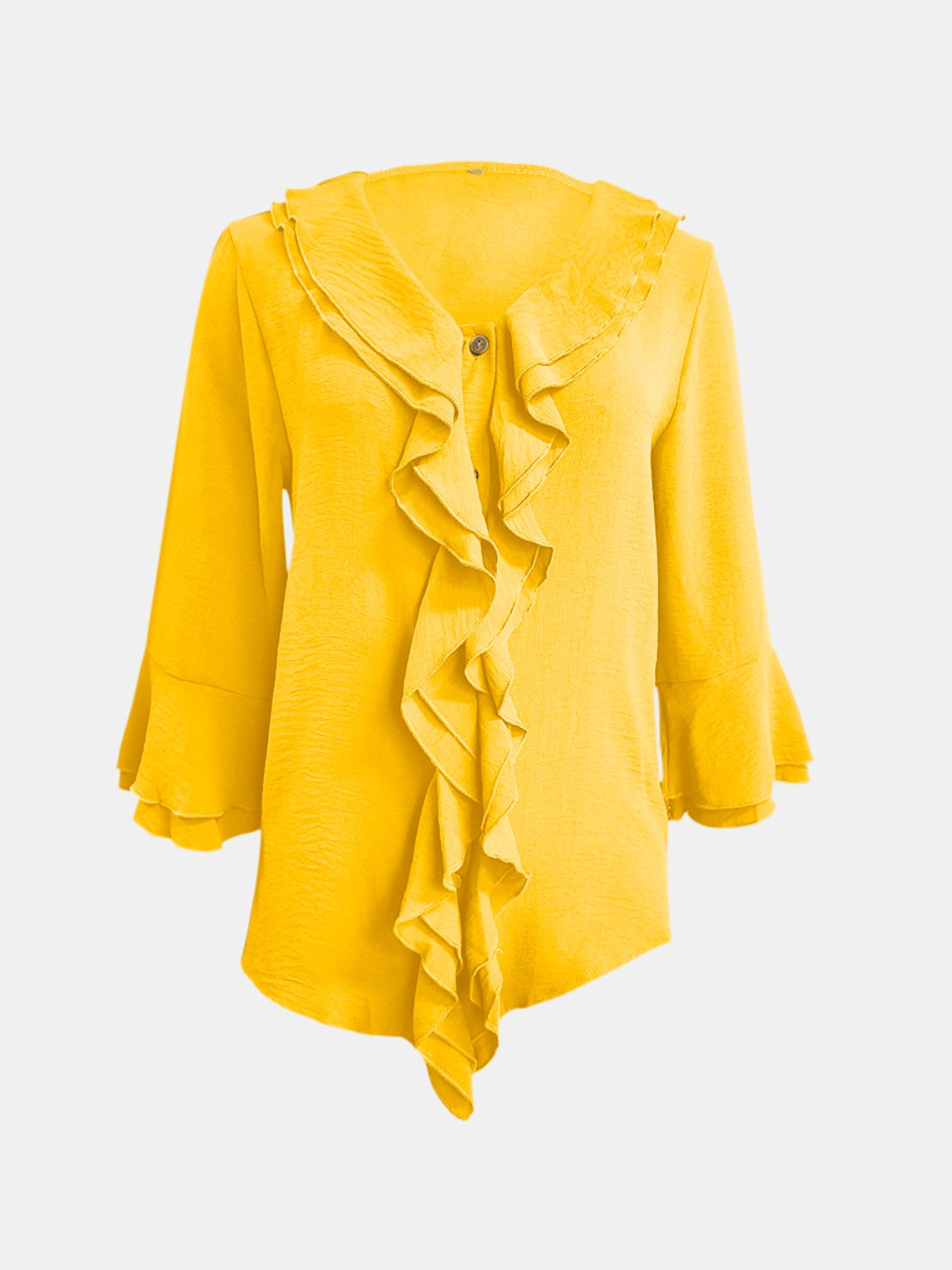 Yellow linen blouse with ruffled V-neck and flared sleeves