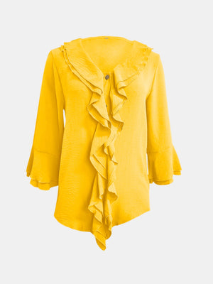 Yellow linen blouse with ruffled V-neck and flared sleeves