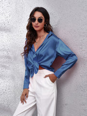 Peacock blue satin button-up shirt with knot detail and collar