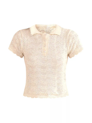 Openwork Crochet Knit Polo Top And Shorts Set in White, model styling view