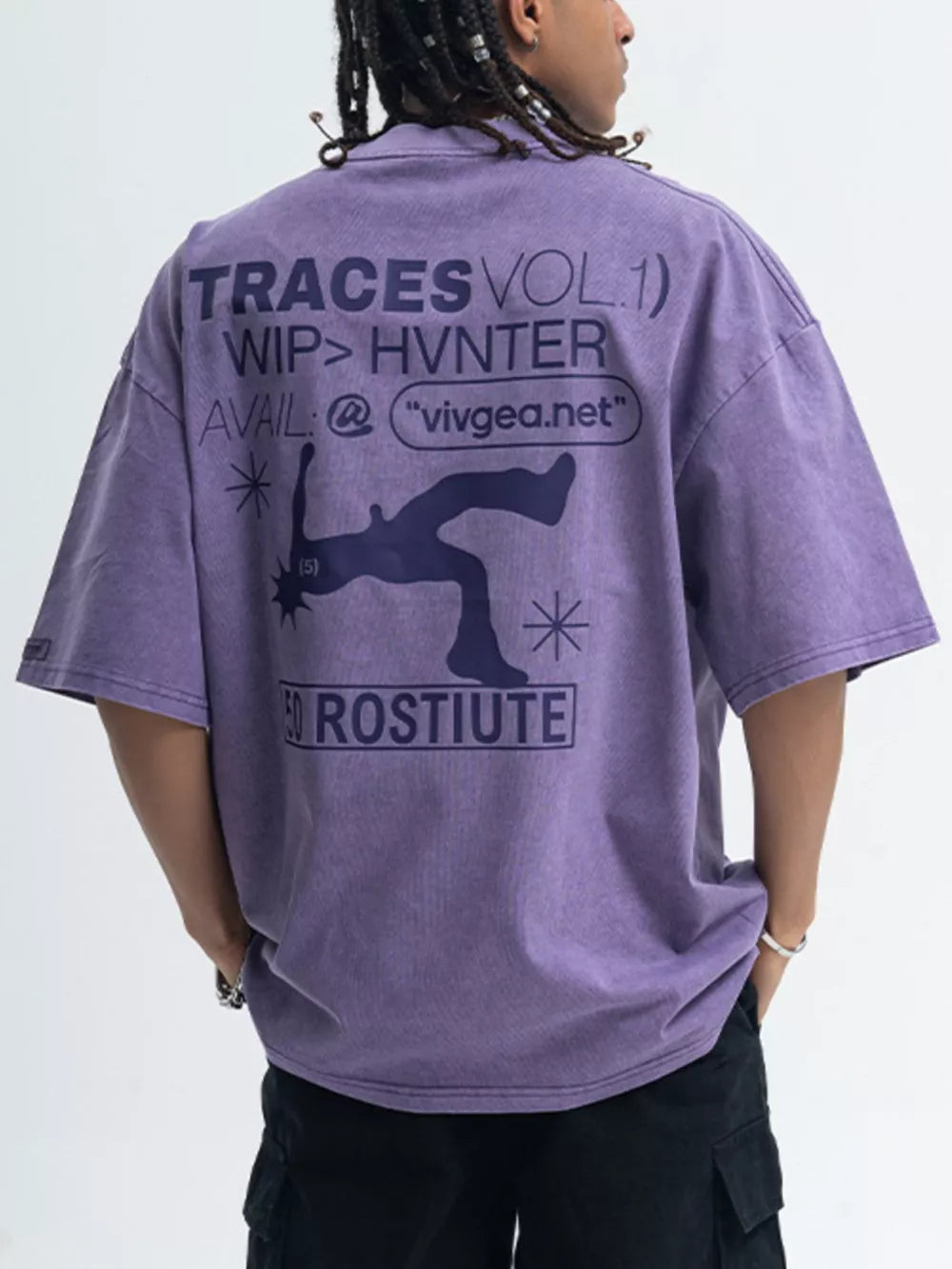 Purple oversized graphic tee with relaxed fit, 100% cotton, featuring back graphic and text.