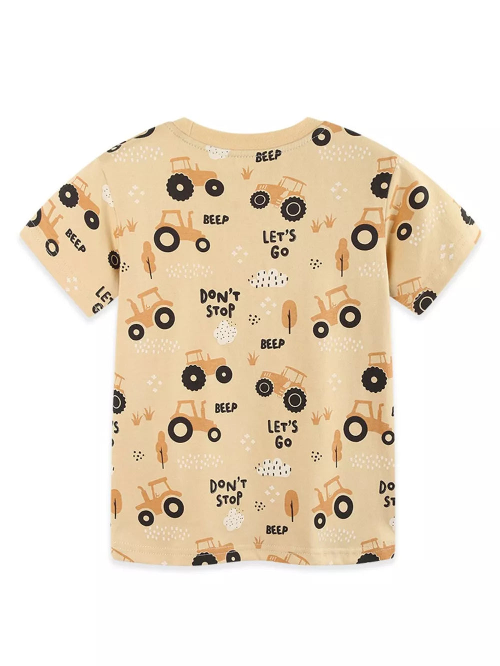 Toddler t-shirt in beige with a playful tractor print, featuring text like BEEP and LET'S GO.