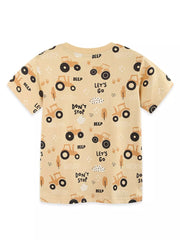 Toddler t-shirt in beige with a playful tractor print, featuring text like BEEP and LET'S GO.