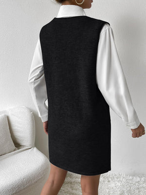 Black knit sleeveless mini dress with pocket detail, layered over a white shirt.