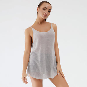 Gray ribbed knit cami with scoop neckline and thin straps.