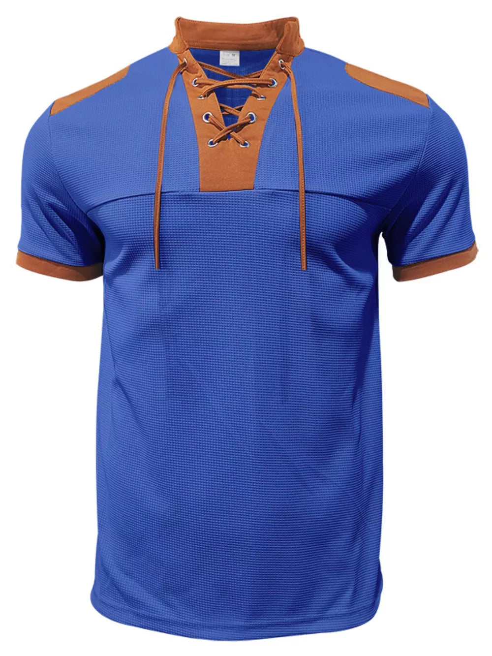 Sapphire blue activewear shorts with lace-up detail and brown accents.