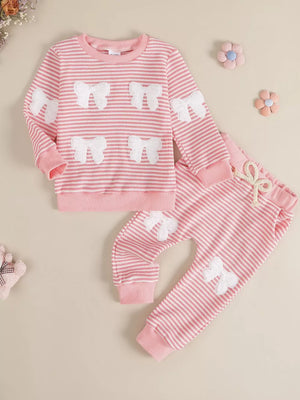 Pink striped baby set with white bow accents and ribbed cuffs.