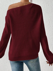 Burgundy ribbed knit off-shoulder top with balloon sleeves.
