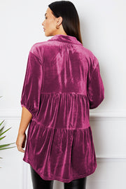 Tiered velvet tunic in Deep Rose with button-down collar and 3/4 sleeves.