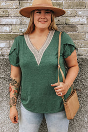 Dark green v-neck tee with lace trim and flutter sleeves