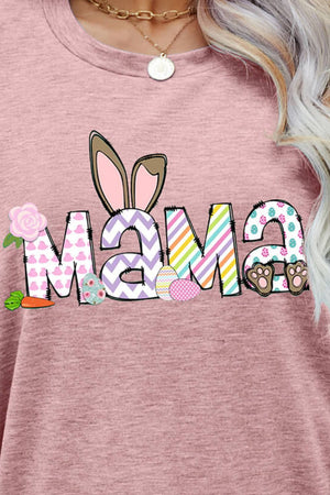 Dusty pink graphic tee with Easter Mama bunny ears, eggs, and paw prints.