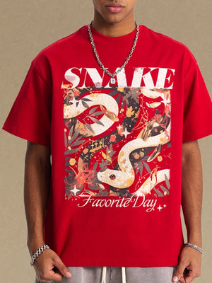Red oversized graphic tee with snake and floral print, "SNAKE" and "Favorite Day" text.