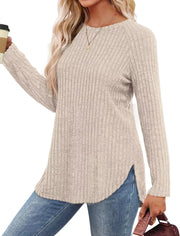 Ribbed knit long sleeve maternity tee in apricot with crew neck and curved hem.