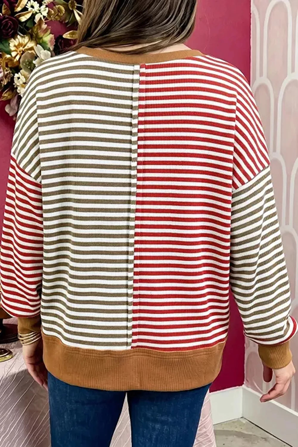 Colorblock Striped V-neck Top in Multicolor, close-up detail