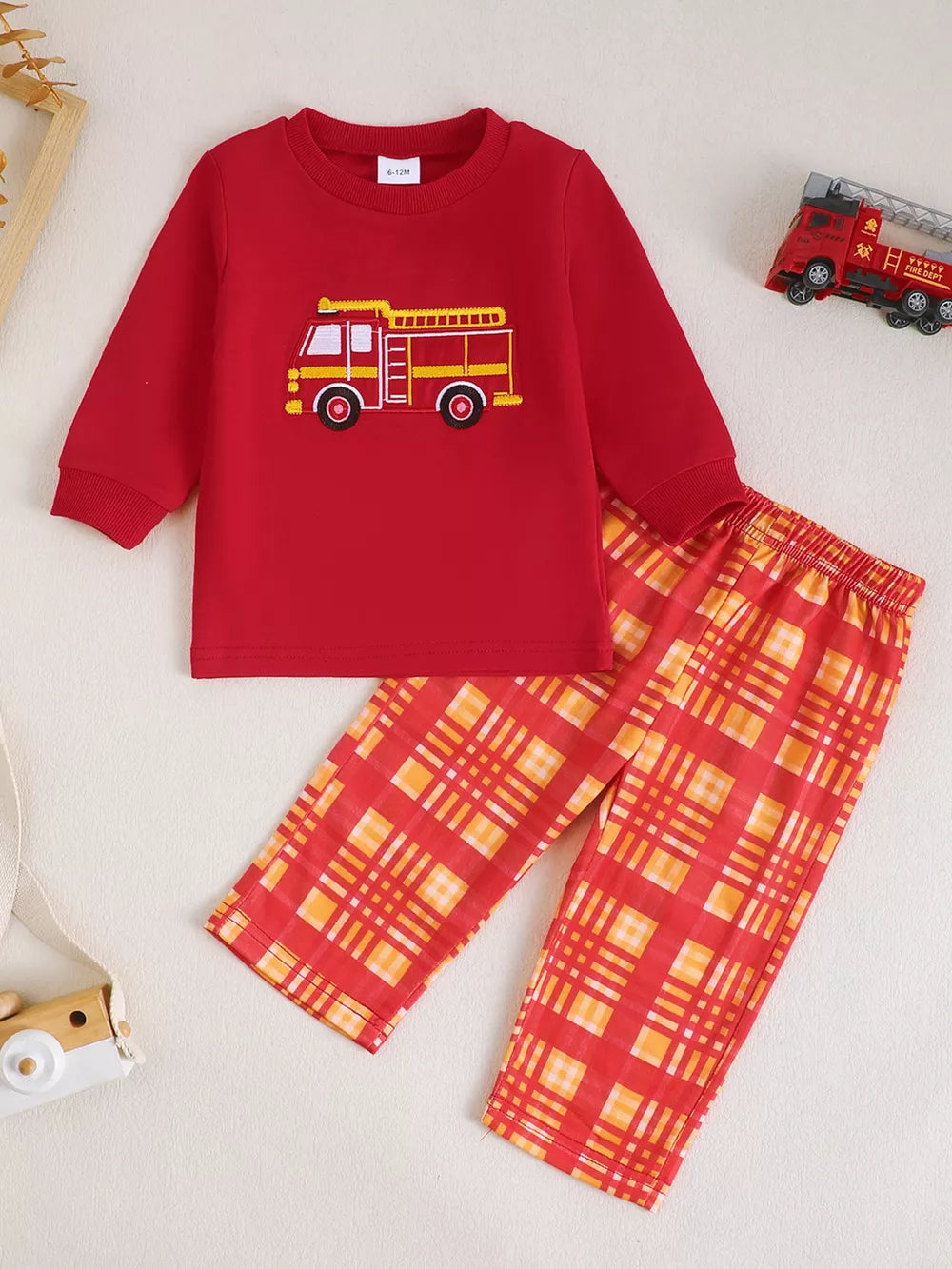 Children's Fire Truck Embroidered Top And Pants Set in Red, side view