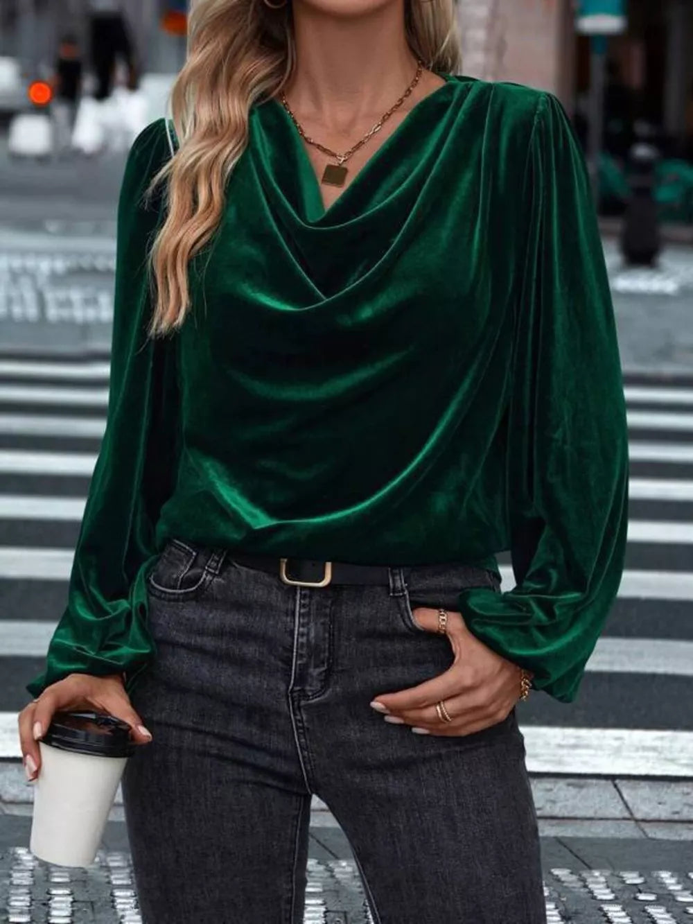Dark green velvet blouse with cowl neck and long sleeves