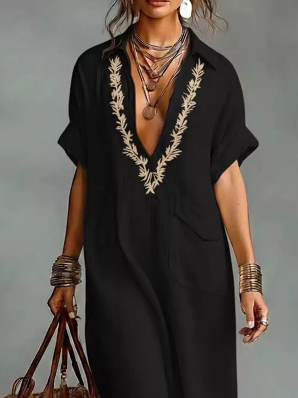 Full Size Bohemian Embroidered Maxi Dress in Black, back view