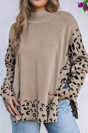 Khaki acrylic knit sweater with asymmetric leopard print panels and mock neck.