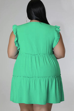 Mint green tiered ruffle babydoll mini dress with flutter sleeves.