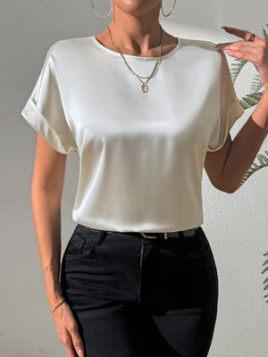 Satin-finish blouse in light gray with cuffed short sleeves and a crew neck.
