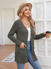 Textured ribbed knit button-down cardigan in Army Green with V-neck and patch pockets.