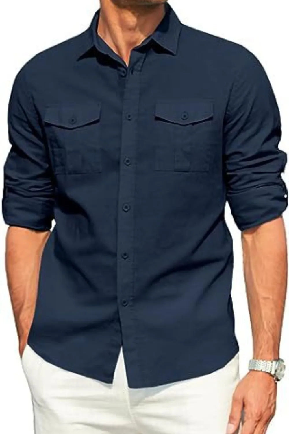 Navy linen utility shirt with two chest pockets and button-down collar.