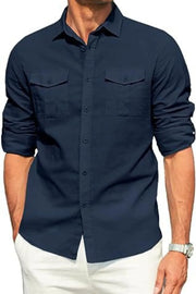 Navy linen utility shirt with two chest pockets and button-down collar.