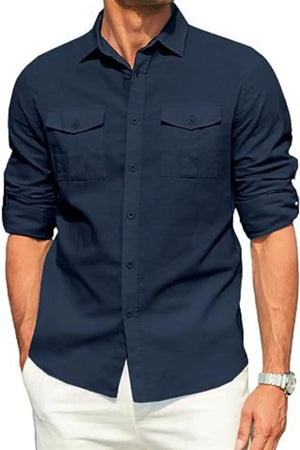 Navy linen utility shirt with two chest pockets and button-down collar.