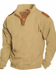 Tan waffle knit henley shirt with suede shoulder patches and collar accents.