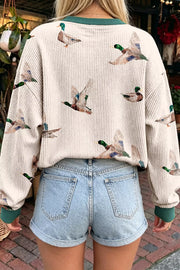 Twisted Ribbed Duck Print Crewneck Pullover in Beige, side view