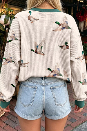Twisted Ribbed Duck Print Crewneck Pullover in Beige, side view
