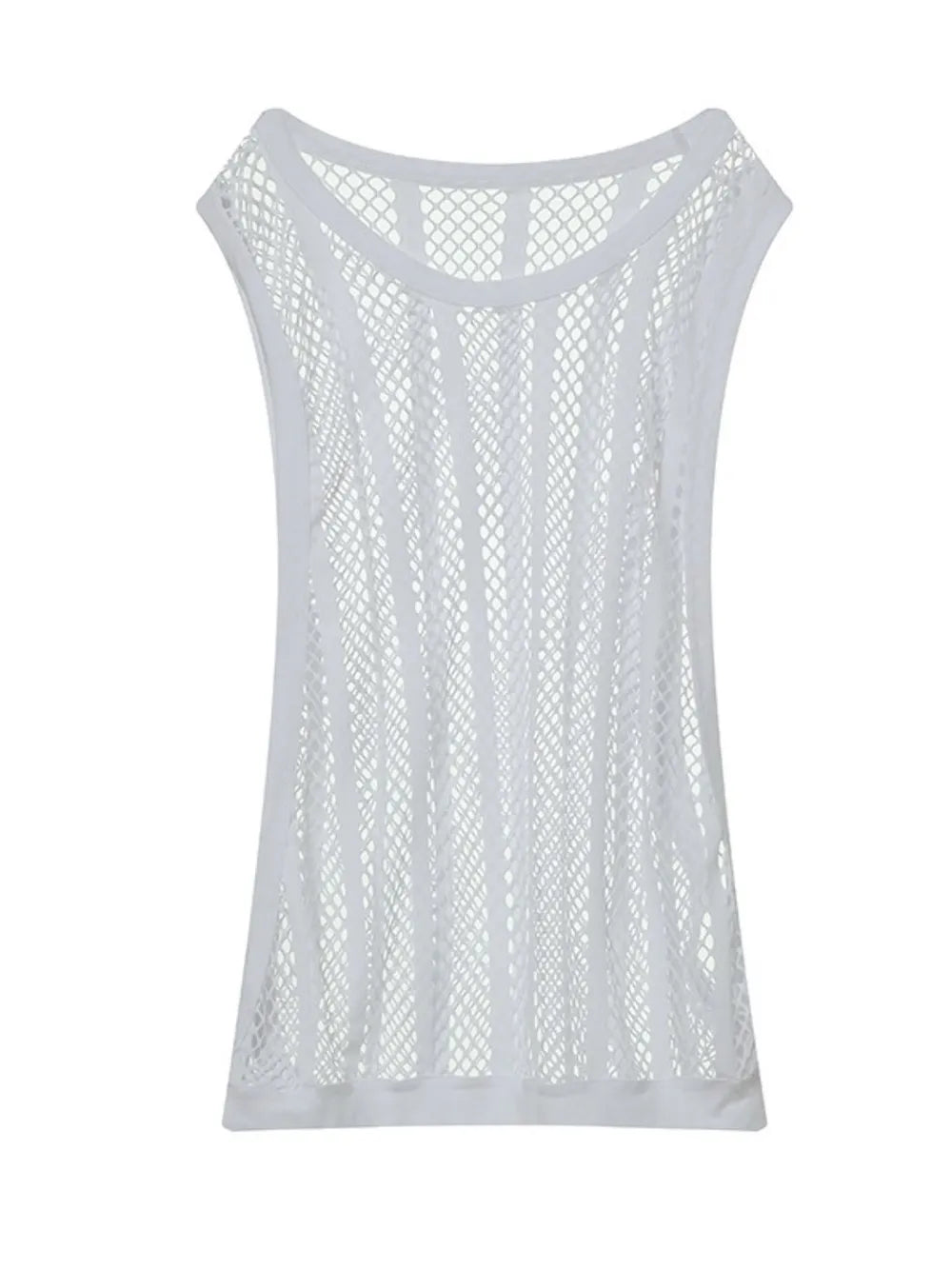 White mesh tank top with vertical panel detail and scoop neck.