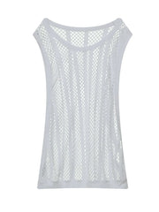 White mesh tank top with vertical panel detail and scoop neck.