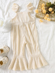 Cream crochet ruffle trim baby jumpsuit with bell bottoms and textured fabric.