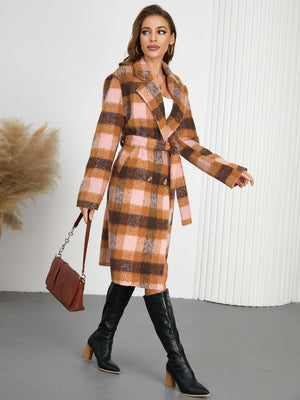 Belted bouclé overcoat in plaid with pink and brown, featuring a tie waist and double-breasted buttons.