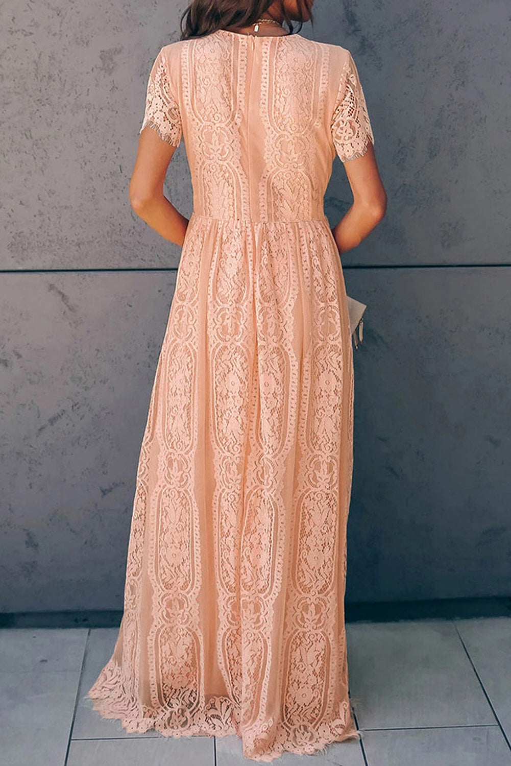 Peach lace midi dress with short sleeves and scalloped hem.